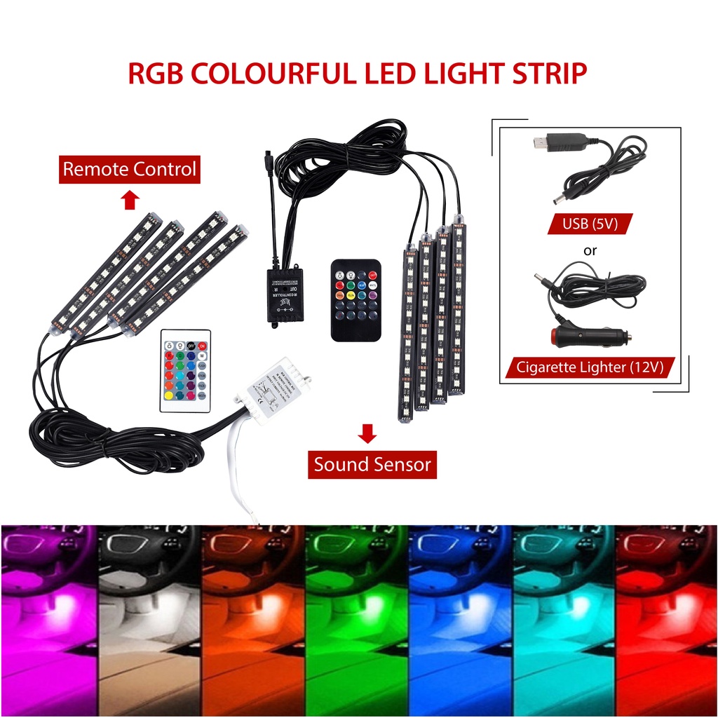 4PCS RGB 9LED/12LED/18LED Strips Car Interior Decorative Neon Foot Lamp ...