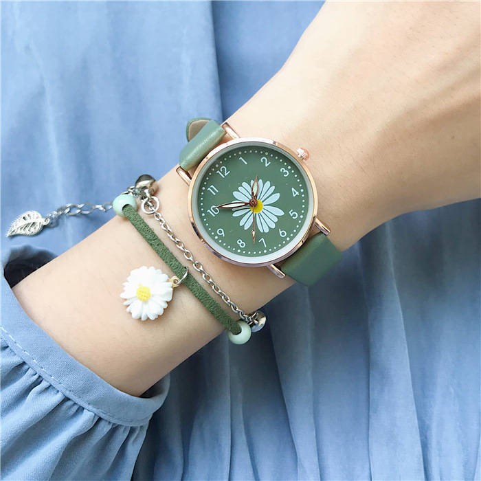 ready stock Jam tangan daisy retro gadis pelajar gaya kolej hutan hijau