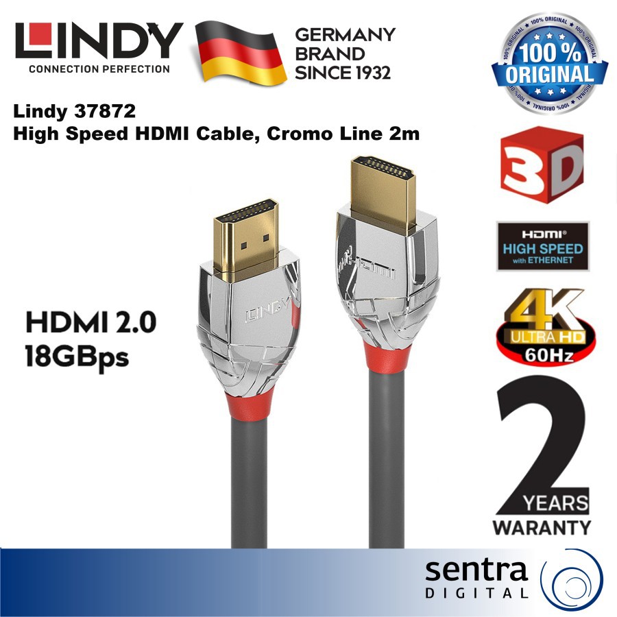 Lindy Cromo High Speed HDMI Cable with Ethernet HDMI 2.0 A to A 2m ...