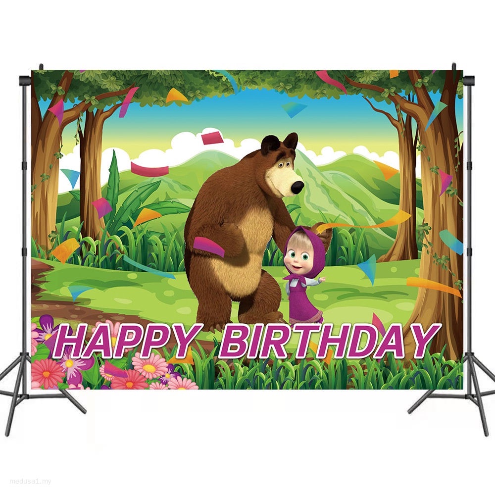 100x150CM Masha and The Bear Theme Backdrop Happy Birthday Background ...