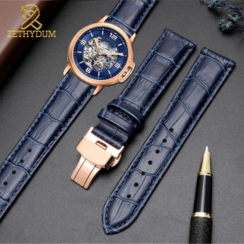 Genuine Leather Bracelet Dark Blue Color Watch Strap Butterfly Clasp