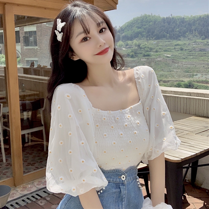 Korean Style Women Cute Blouse, Cute Tops Puff Sleeves