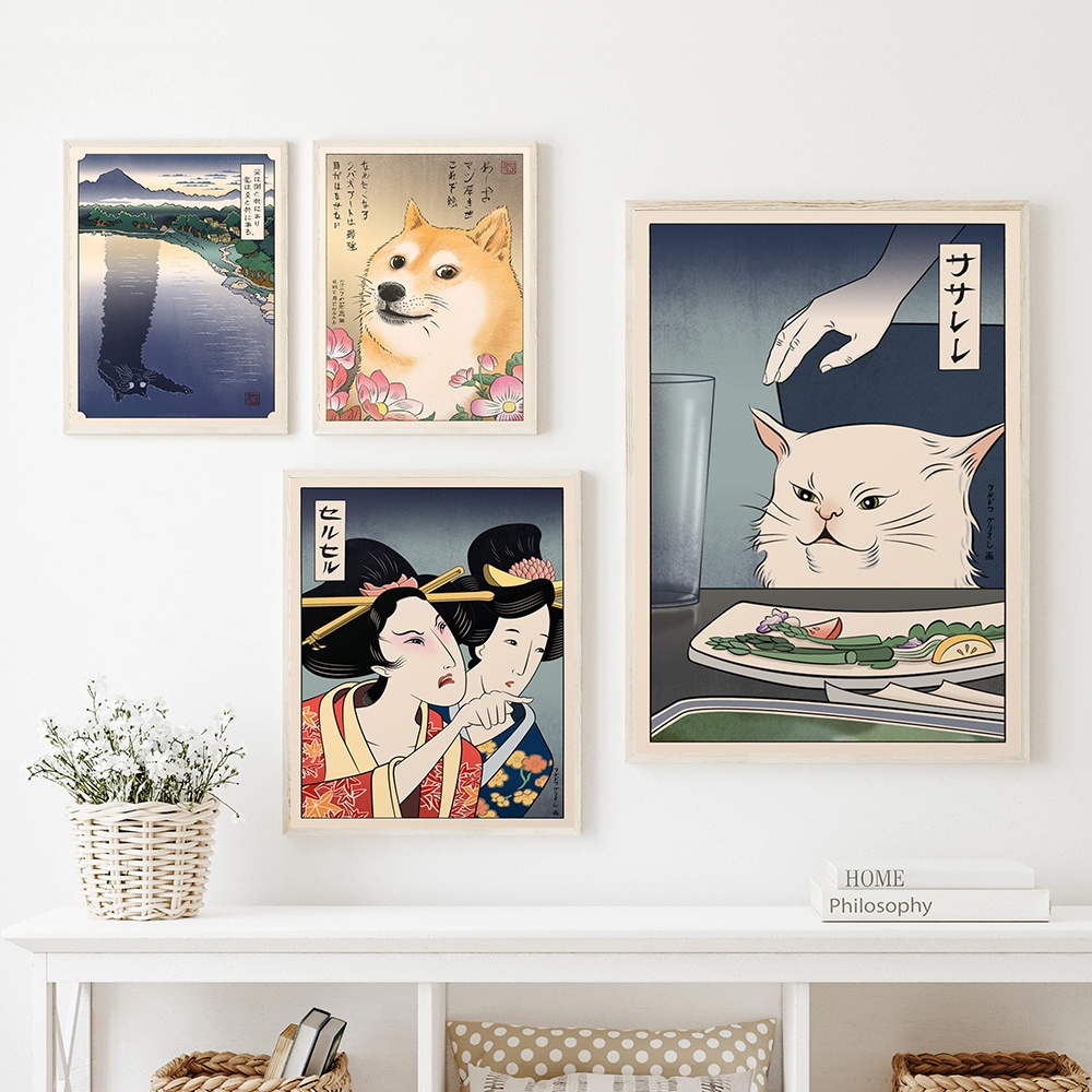Vintage Japan Ukiyoe Style Canvas Painting Posters Cat Wall Pictures ...