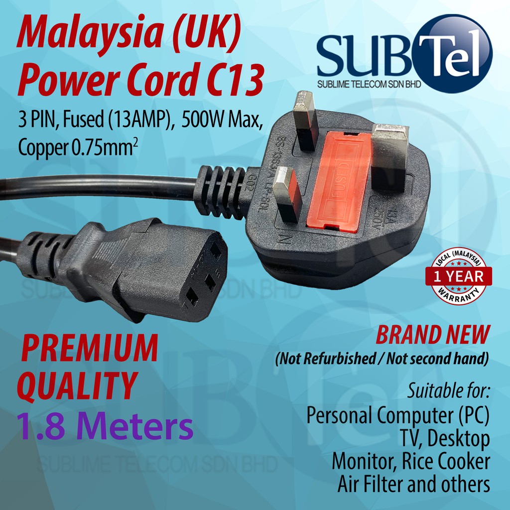 Malaysia Power Cord (UK) Fused 1.8 meters C13 cable for PC Desktop TV ...