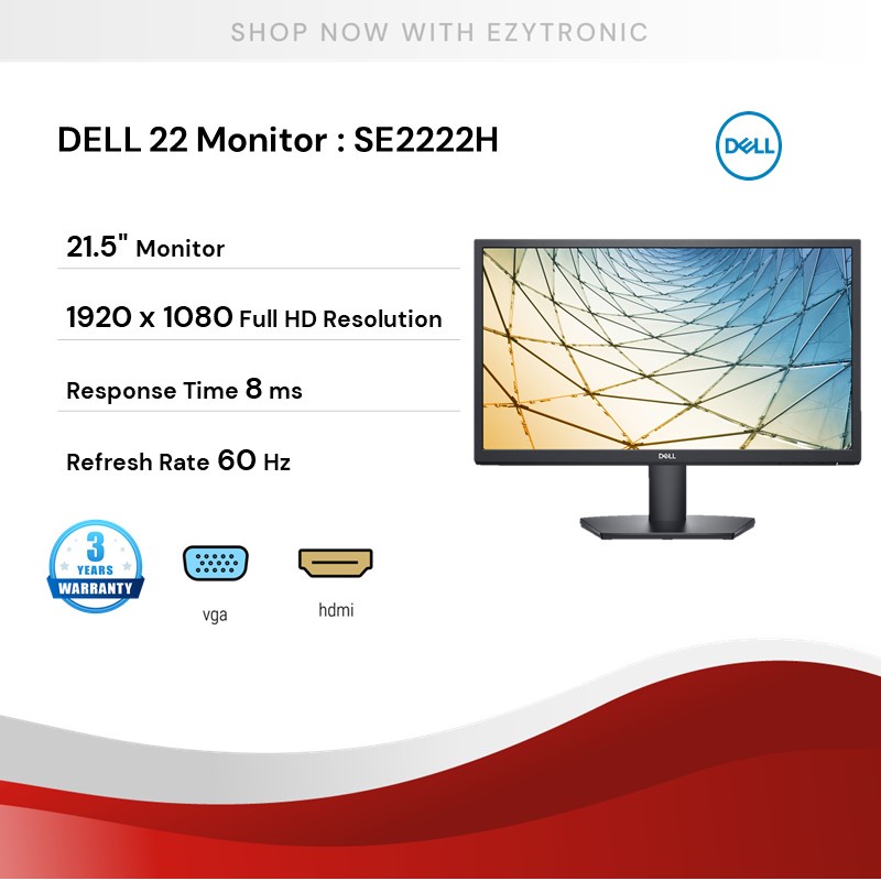 Dell 22 Monitor - SE2222H 22 8ms (gtg), VA (Vertical Alignment), Full HD  (1920 x 1080), 60 Hz, Monitor Connectivity: VGA, HDMI 1.4