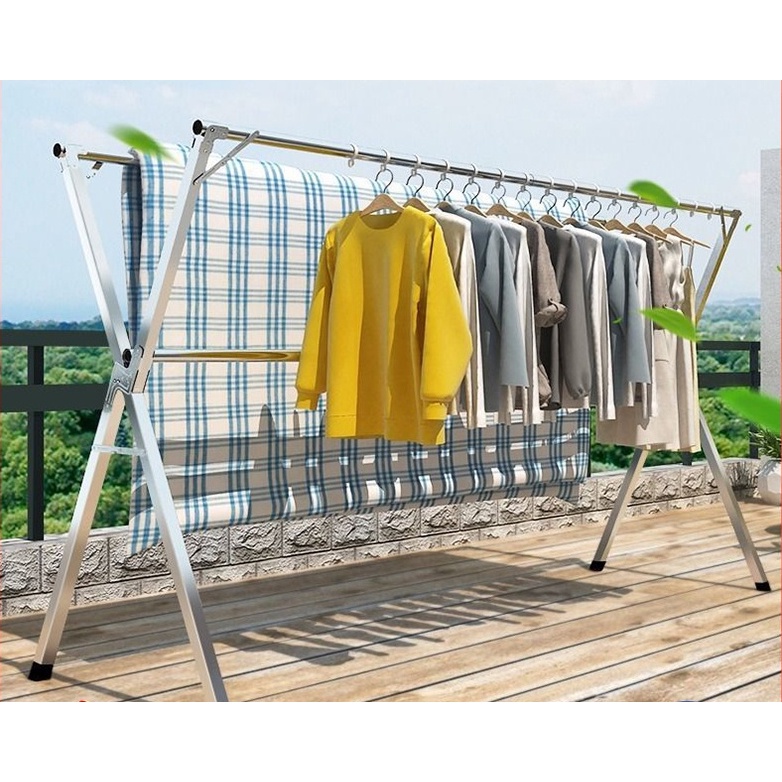 Ampaian Baju Stainless Steel 240cm Double Pole Cloth Rack Foldable