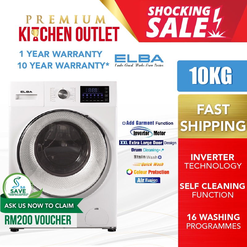 Elba 10KG Inverter Front Load Washing Machine EWFJ1040IN(WH) Elba
