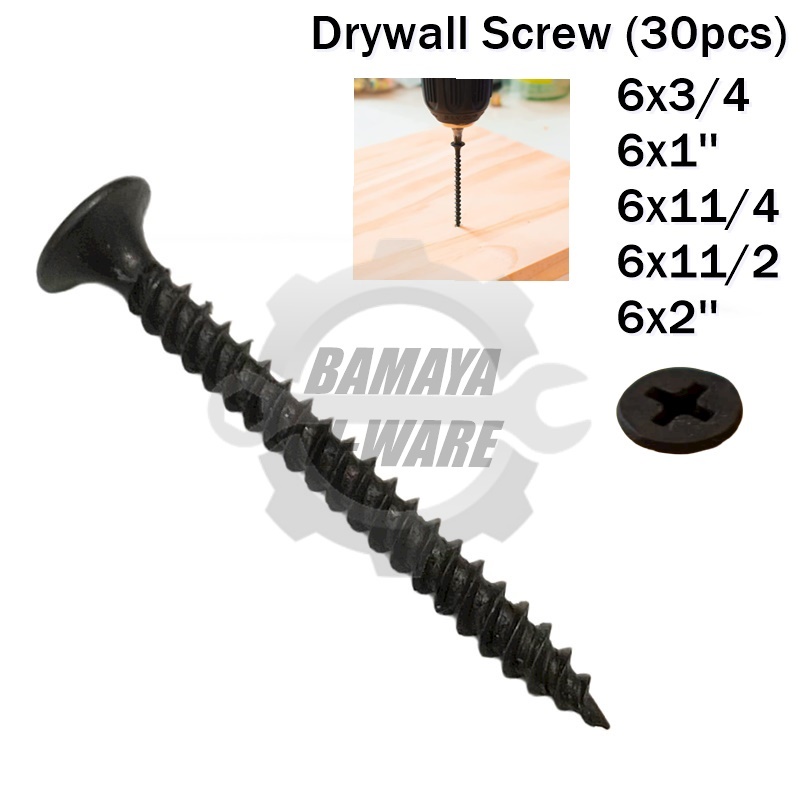 Drywall Screw Fine Thread. 30pcs Black Wood Screw. 6x3/4-2'' Skru Hitam ...