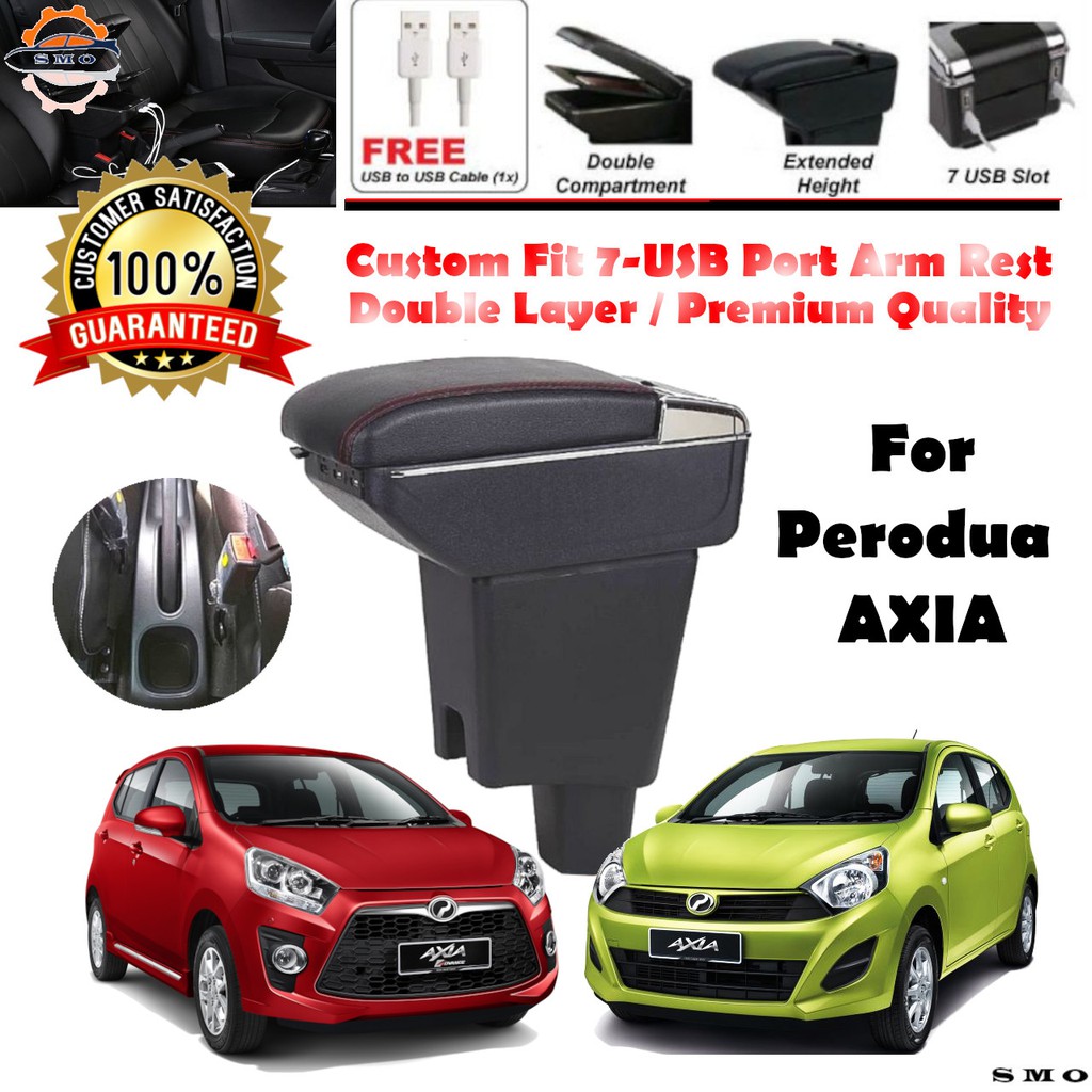 Perodua Axia Arm Rest Armrest Console Box Custom Fit Double Layer 7 USB Port Adjustable Cup