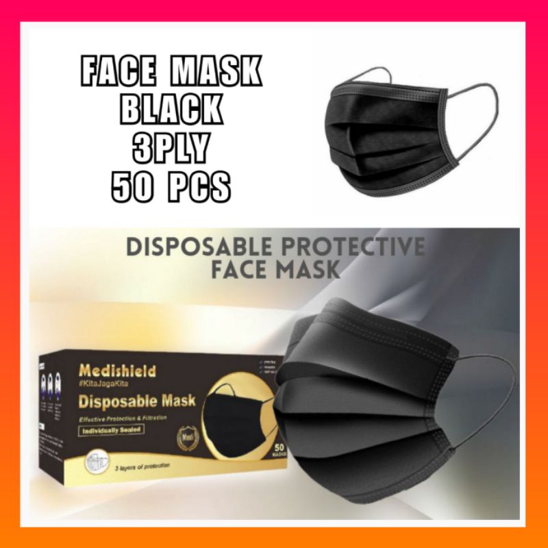 [50 pcs] Black Colour Face Mask 3ply With Box | Topeng Muka Hitam 3 ...