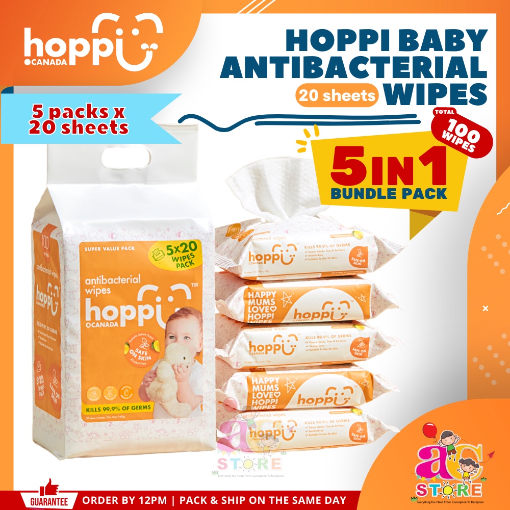 AC (20's x 5 Packs ) Hoppi Antibacterial Baby Wipes / Kill Surface
