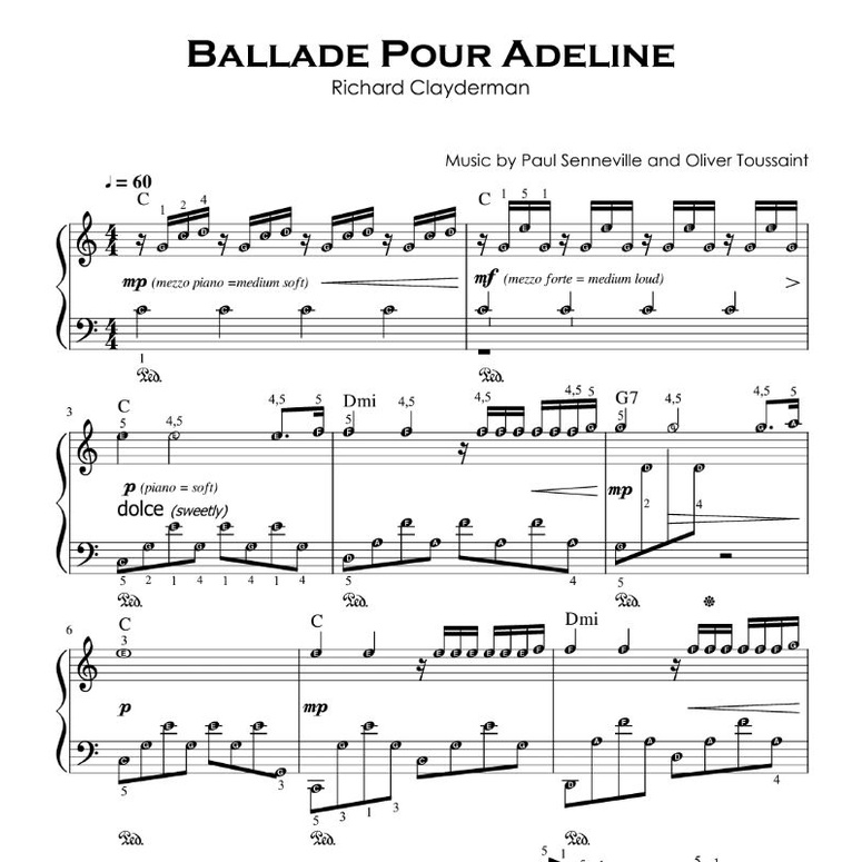 Ballade Pour Adeline | Piano Sheet Music Grade 4 with note names | Self ...