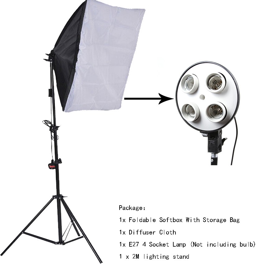 (UK plug)With 2M stand 4in1 50x70cm Softbox Lighting Light Kit E27 Lamp