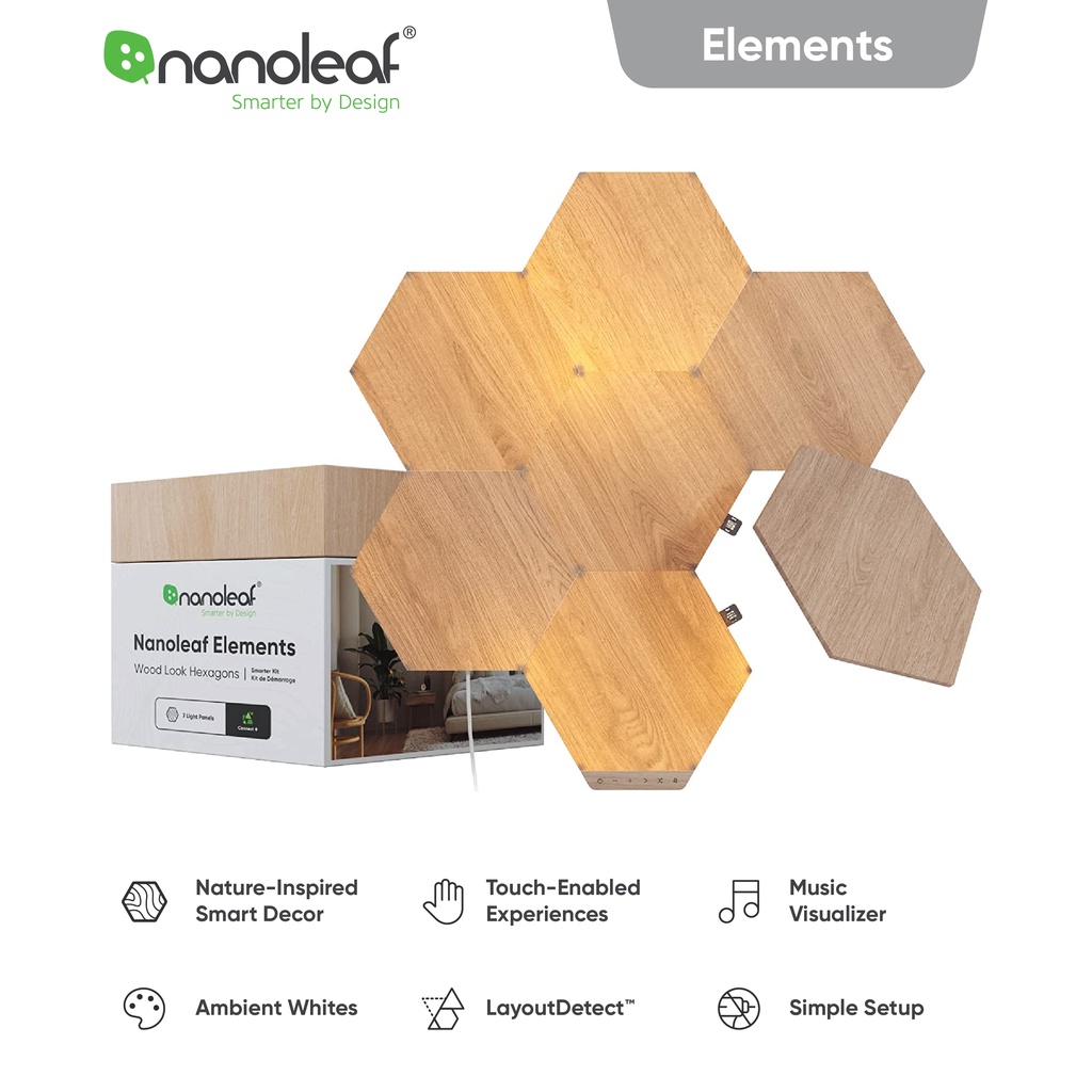 NANOLEAF Elements Hexagon Starter Kit [7 Wood Look] Wall Light for ...