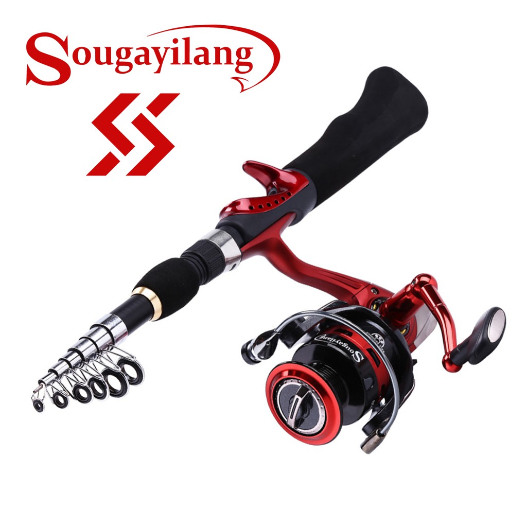 Sougayilang 1.6M Telescopic Spinning Fishing Rod With 13+1BB Fishing Reel  Red Portable Carbon Tong Memancing Combo Joran Pancing