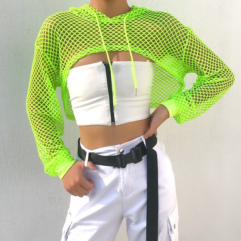 Sexy Hollow Out Fishnet Crop Hoodie Women Long Sleeve Tshirt Short Overall Neon Green Casual Mesh Hooded Tops Punk Rock Shopee Malaysia