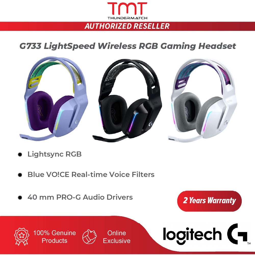 Logitech G733 LIGHTSPEED Wireless Gaming Headset with suspension headband,  LIGHTSYNC RGB, Blue VO!CE mic technology and PRO-G audio drivers - White