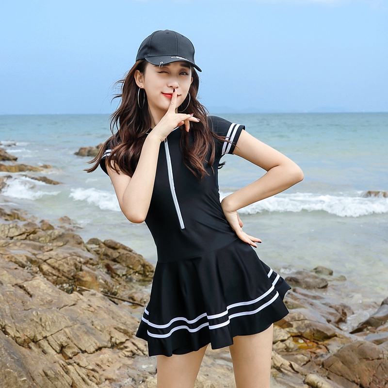 Women Swimwear Black Short Sleeve Swimsuit Student Sport Beach Swimming ...