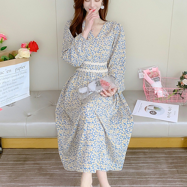 New Floral V Collar Long Sleeve Women s Maxi Dress Retro Slim