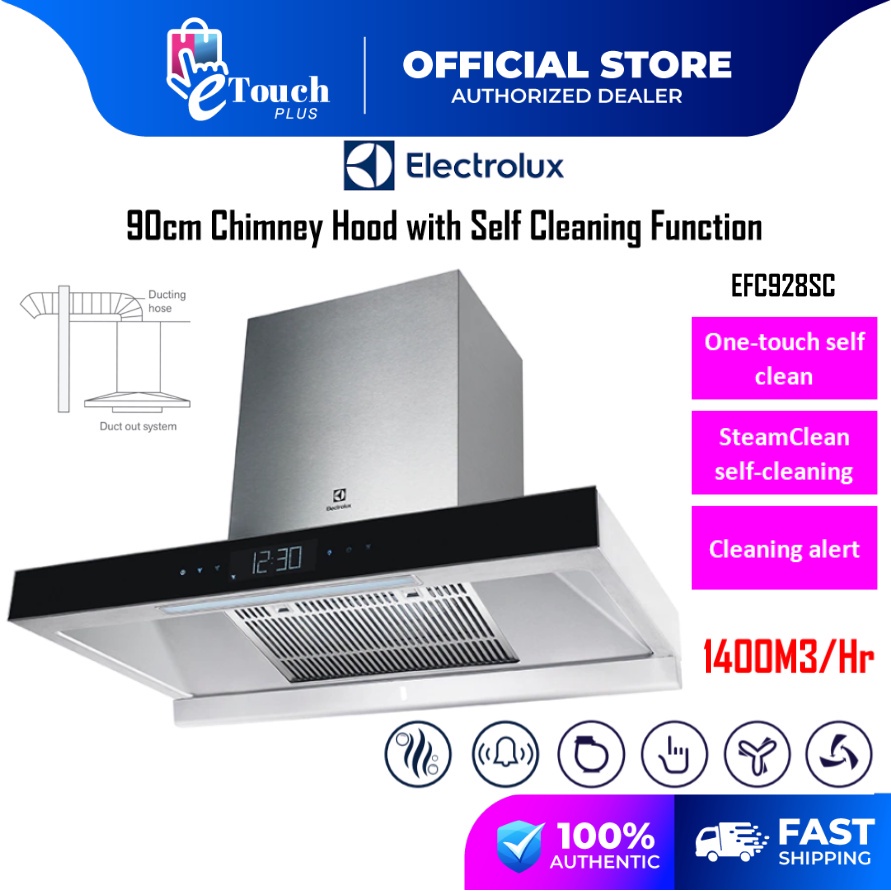 Electrolux 1,400m³/hr 90cm Chimney Cooker Hood with Self Cleaning Auto Steam Clean Function