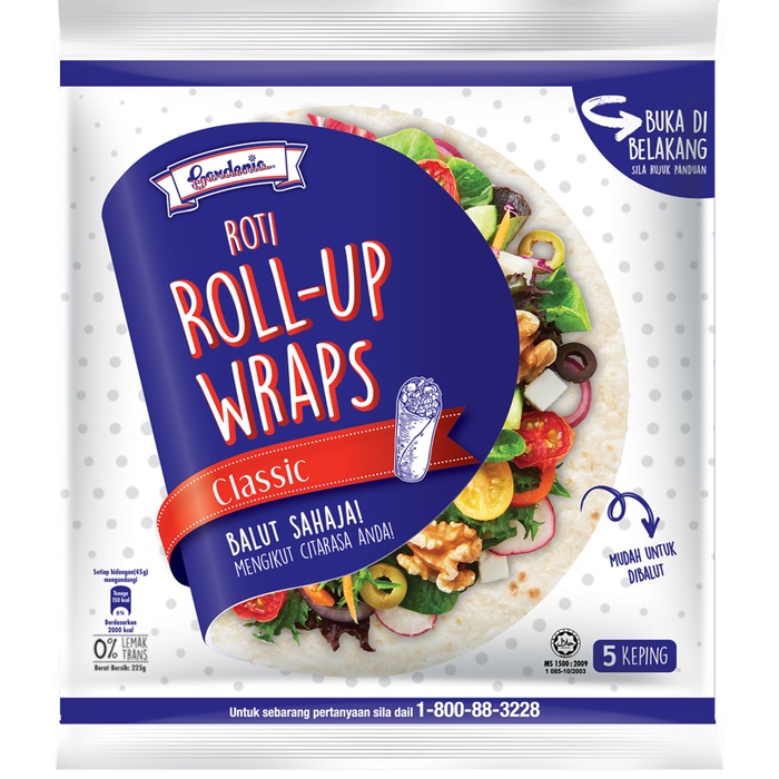 Gardenia Roti RollUp Wraps 5 Pieces 225g Classic Wholemeal Garlic