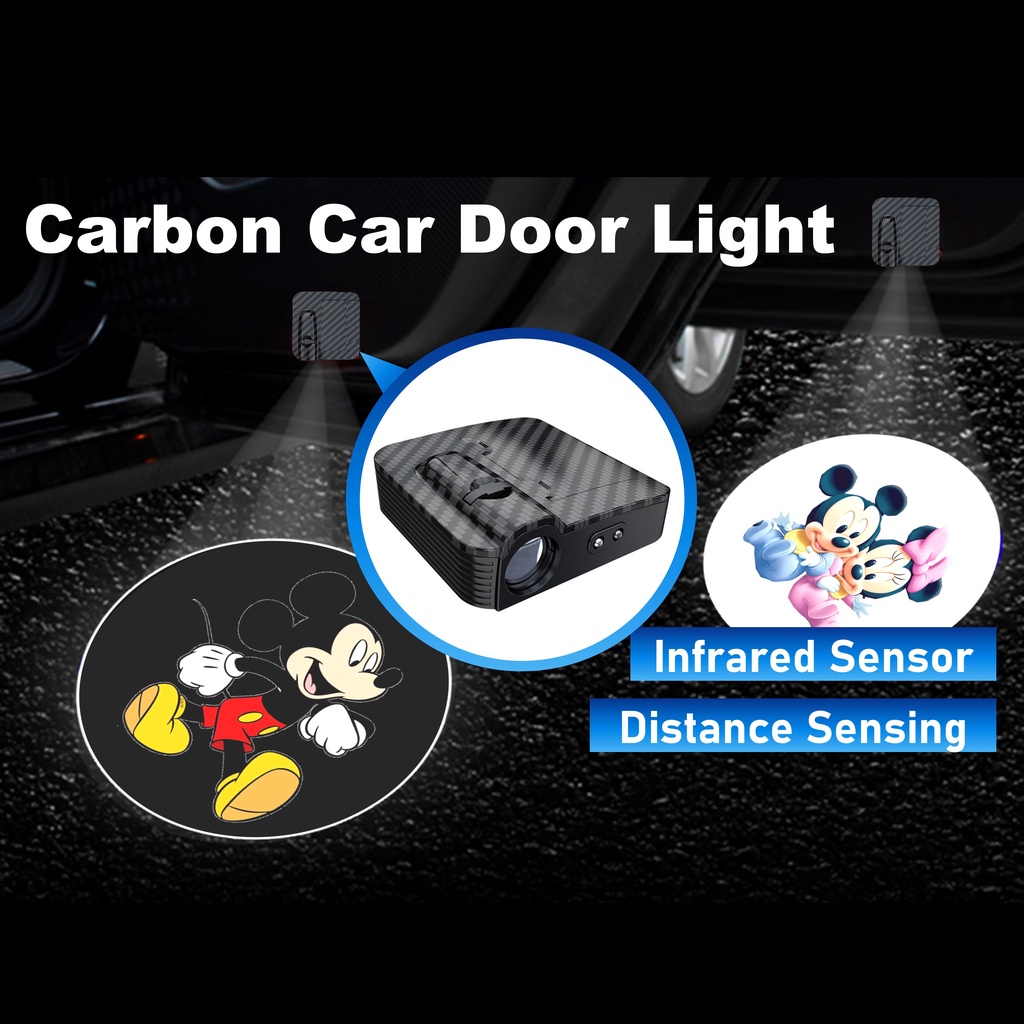2PCS Mickey Minnie Logo Wireless Carbon Welcome Car Door Light Sensor ...