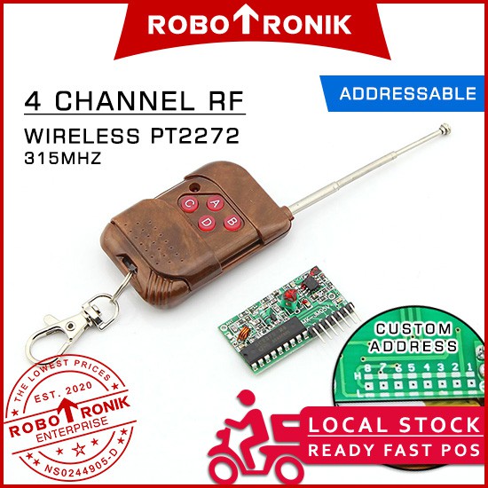 Wireless 4 Channel RF 315MHz Remote Control and PT 2272 Receiver Module ...