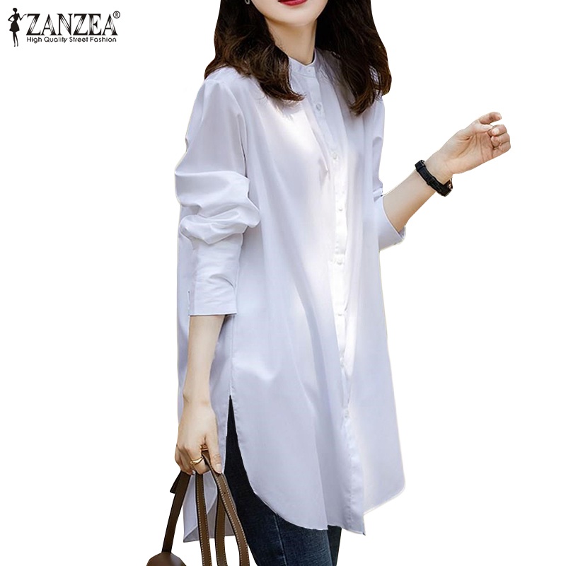 ZANZEA Women Casual Loose Button Up Shirt Solid Loose Side Slit