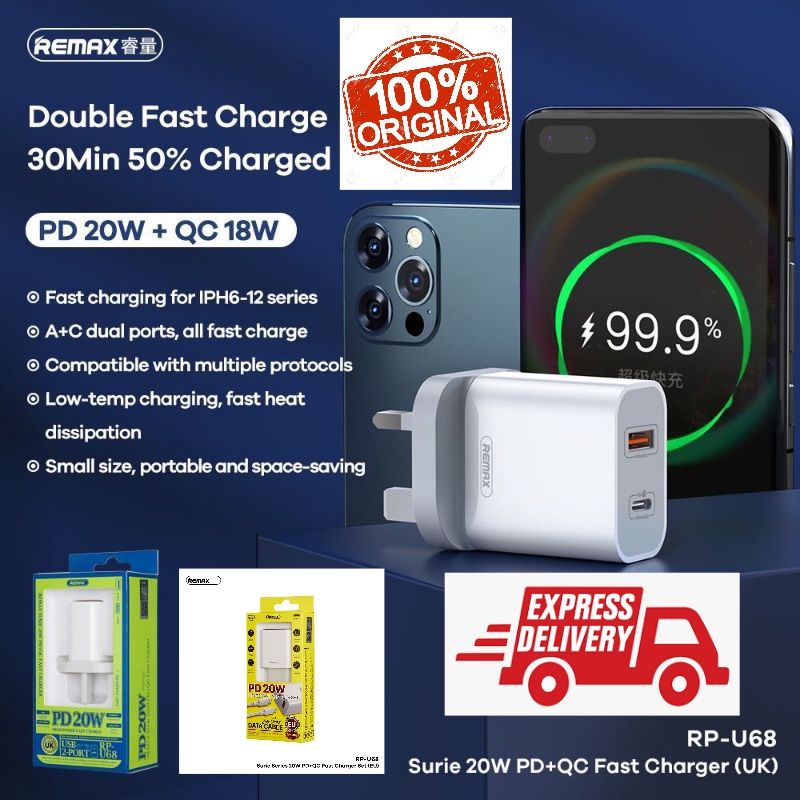 Remax Rp-U68 Super Fast Charger PD 20w/QC 18w quick charger set For ...