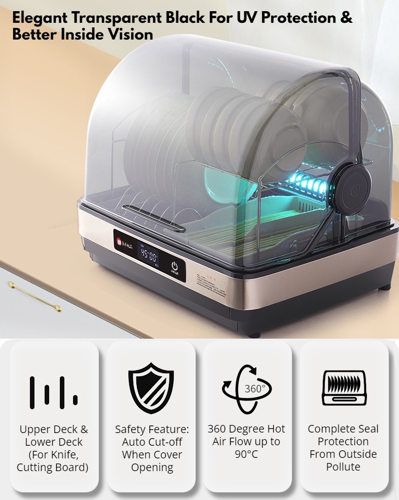 42L UV Light Sterilize Dish Drainer Dryer Machine Rack 90°C Hot Air