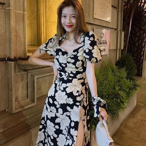 French Summer Chiffon Floral Dress Split Skirt Slim Fit Midi Skirt ...