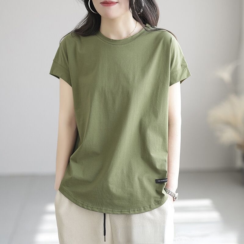 Loose Short Sleeves Solid Color Round-Neck T-Shirts Tops