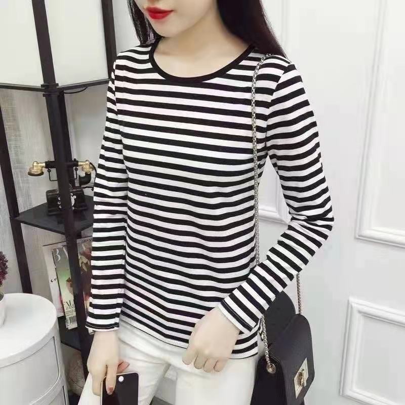 Lin301 couple Korean black and white stripe long sleeve shirt cotton ...