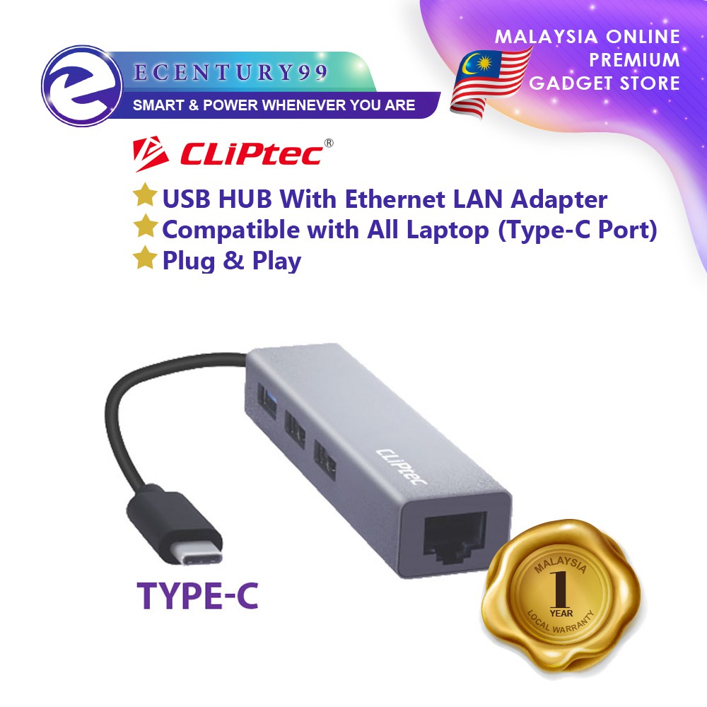 CLiPtec RZH630 TYPEC USB Hub With RJ45 LAN Adapter Shopee