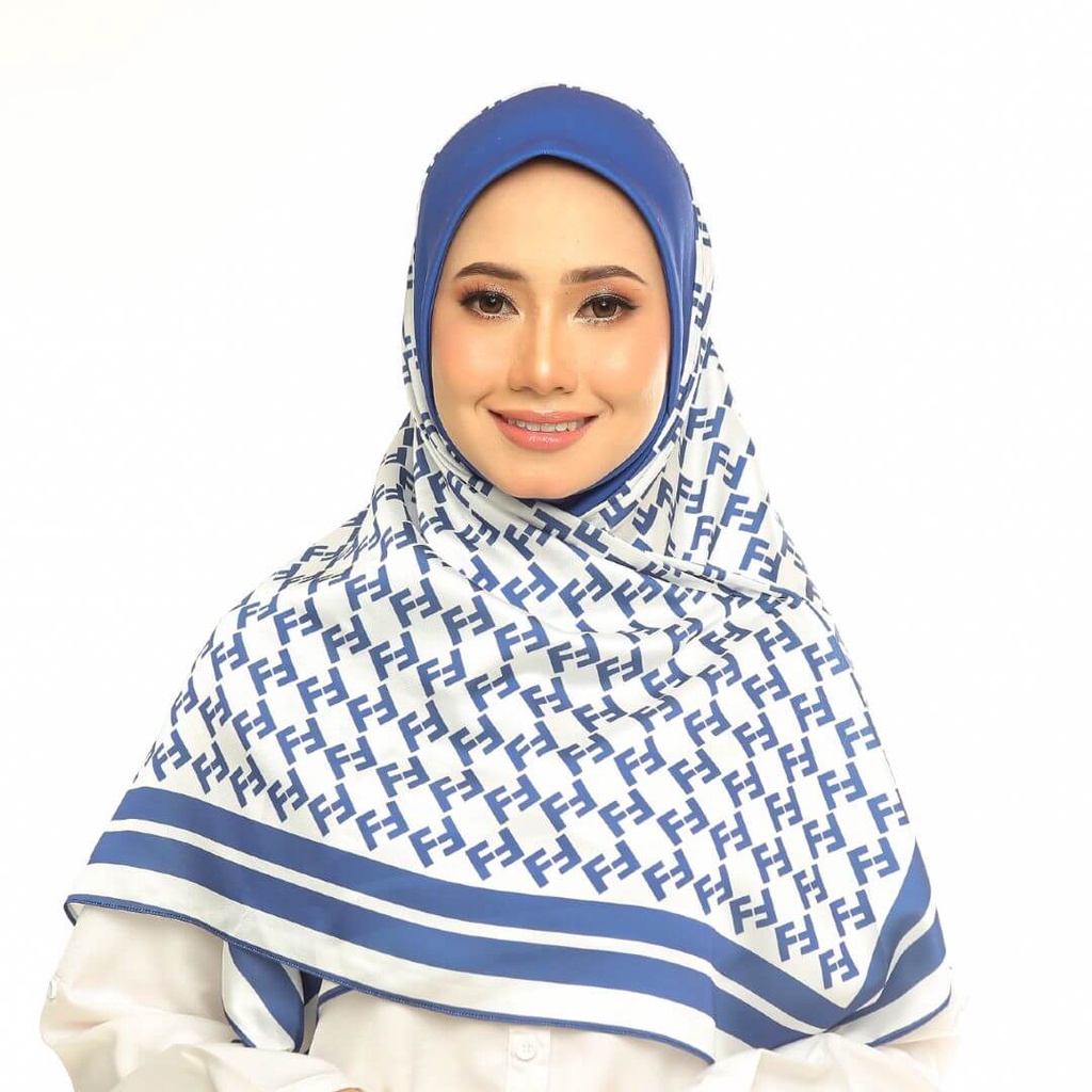 Ready Stock Fatehah Blue Tudung Sarung Satin Crepe High Quality Premium Hijab Sarung Corak 6183