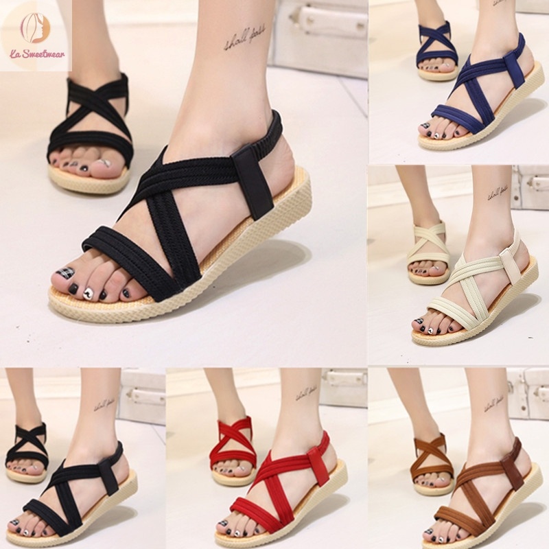 Women Flat Wedge Ankle Elastic Cross Strap Roman Sandals Shoes 3 Colors Summer Shopee Malaysia