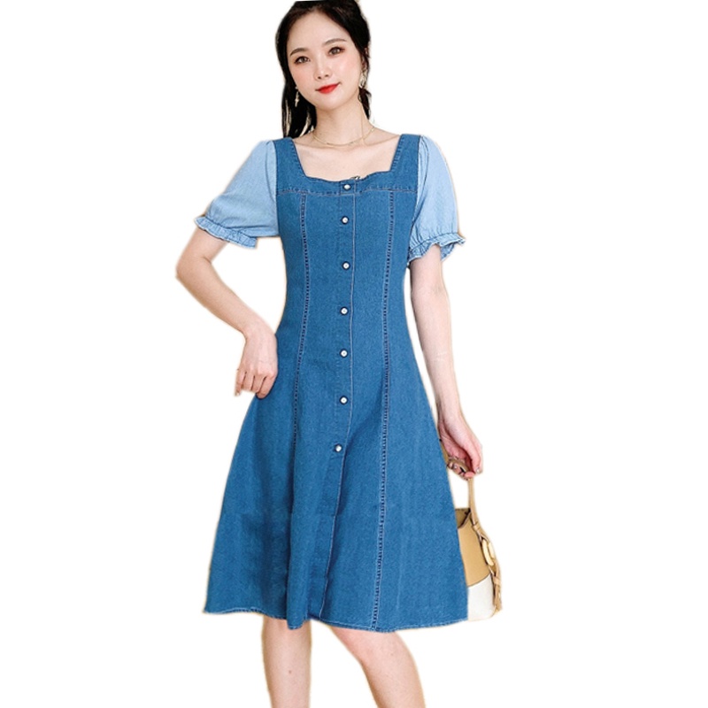 Women Denim Boat Collar Elastic Cuff Stripe Short Sleeve Dress | Shopee ...