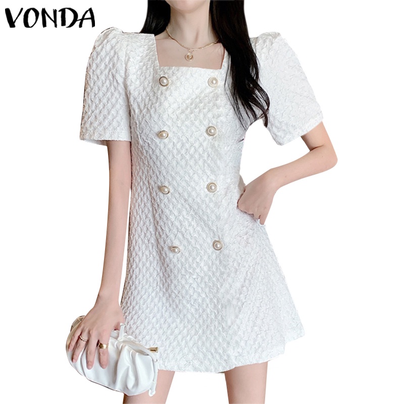 Vonda Women Korean Summer Square Neck Puff Sleeve Short Sleeve Pleated Plain Mini Dress Shopee