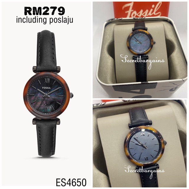 Fossil Carlie Mini Three Hand Black Leather Watch ES4650 Shopee Malaysia