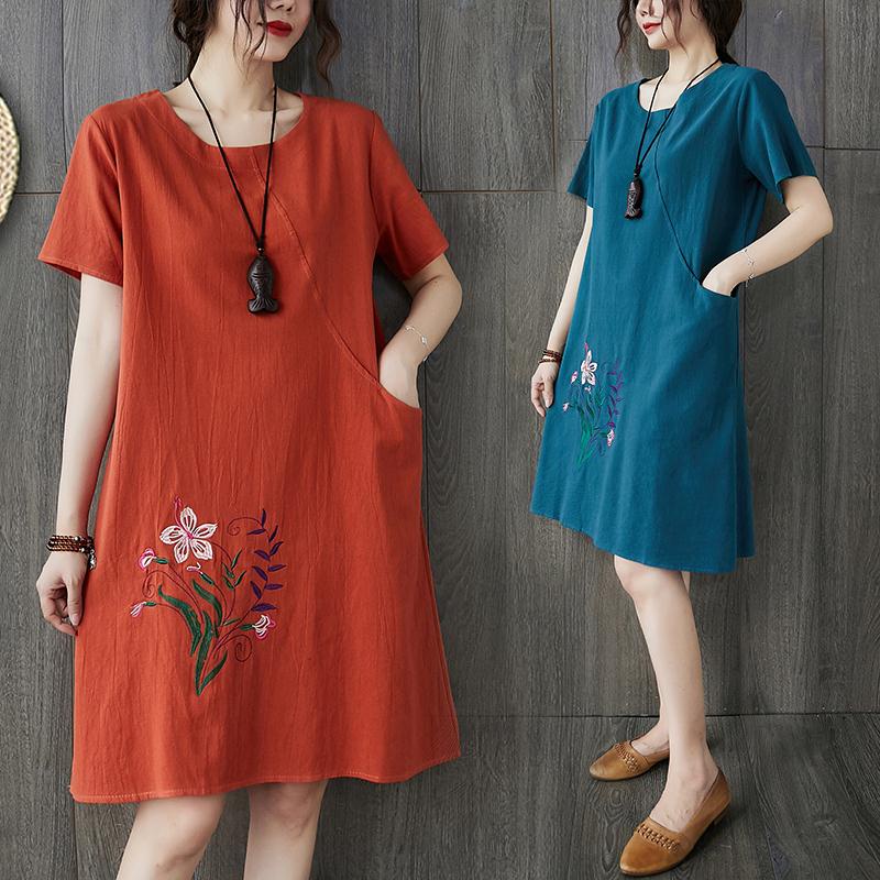 Zanzea plus size linen 2025 dress short sleeve embroidery