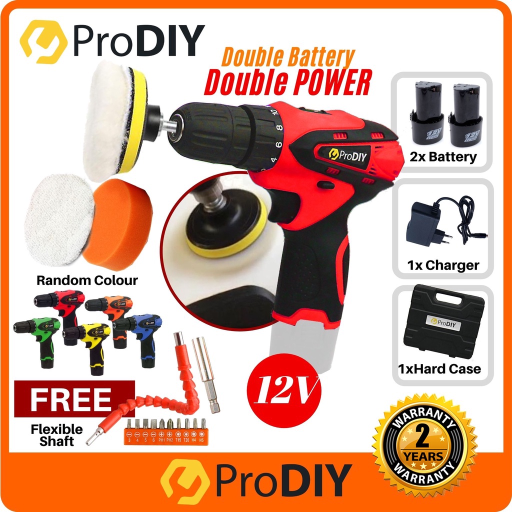 PRODIY PRO-12Li 12V Cordless Drill + 3 Polishing Kit Set For Polish Machine  & Wax Car FOC Flexile Shaft (RANDOM COLOUR)