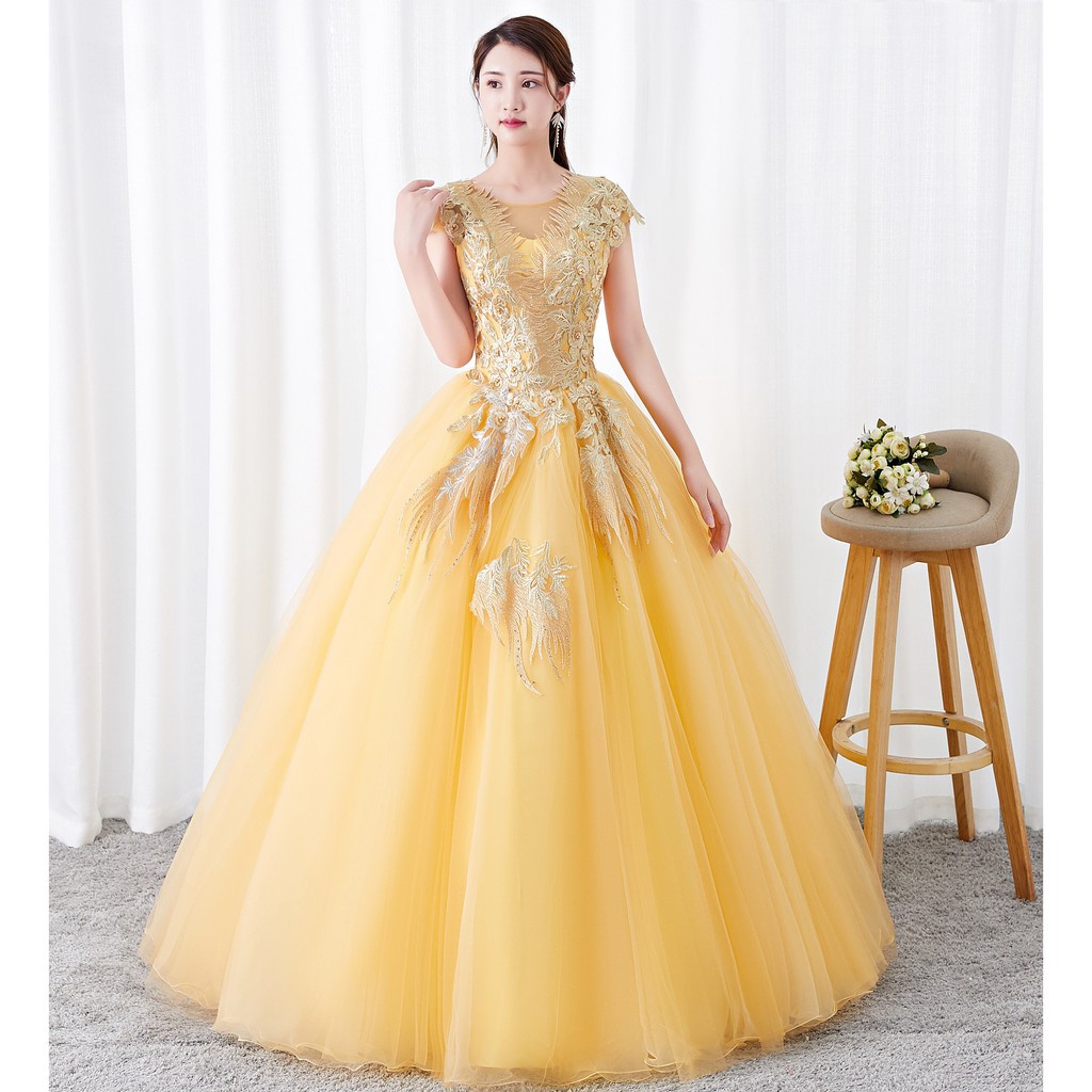 S~3XL Red Carpet Short Sleeve Floral Gold Elegant Puffy Pre Wedding ...