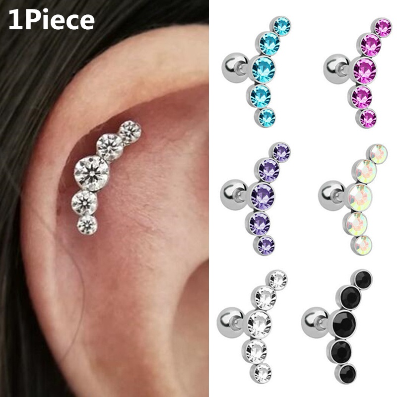 16G Ear Stud Crystal Gem Ear Tragus Rings Stainless Steel Bar Ear ...