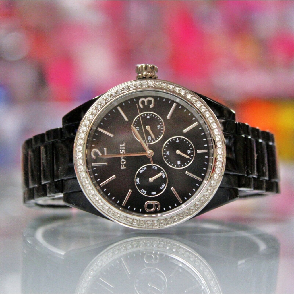 OFFICIAL WARRANTY Fossil Women s BQ3342 Caleigh Multifunction Black Acetate Watch 2 Years Fossil Warranty