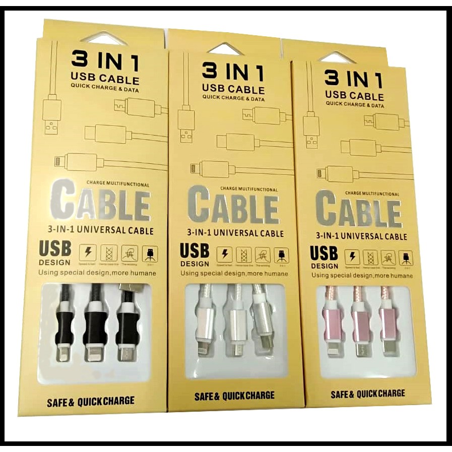 Type C Random Colours 3 in 1 USB Cable Braided Wire Car Accessories For ...