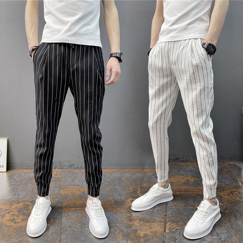 Men s Korean Striped Casual Pants Summer Teen Ankle Trousers Shopee Malaysia