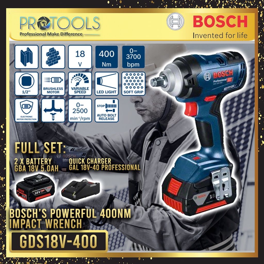 Bosch Gds18v400 Professional Cordless Impact Wrench 5 0ah Battery