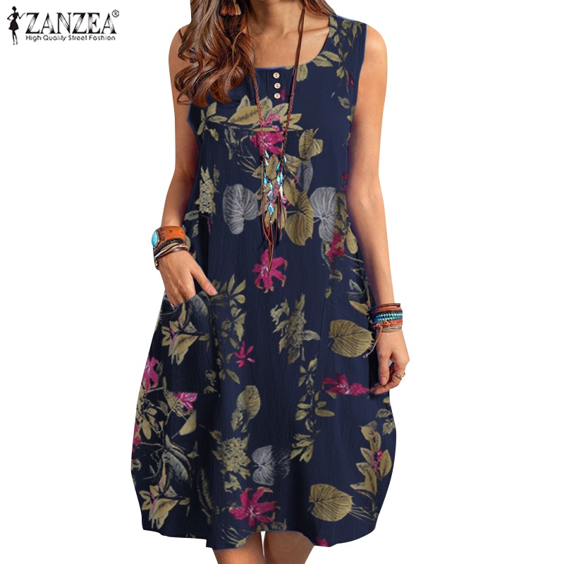 ZANZEA Women Summer Sleeveless Plus Size Tank Dress Cotton Beach ...