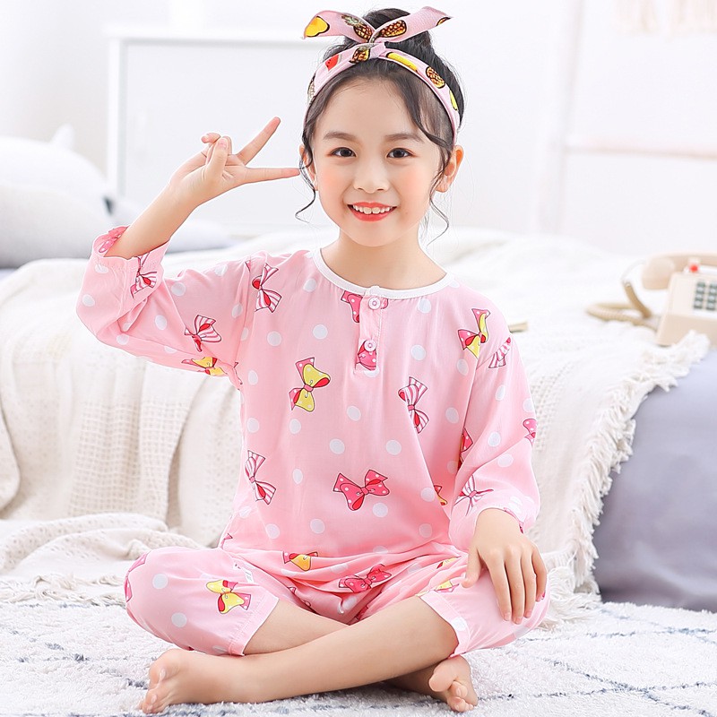 Full Sleeve Silk Pajamas for Girls Children Sleepwear Pijamas