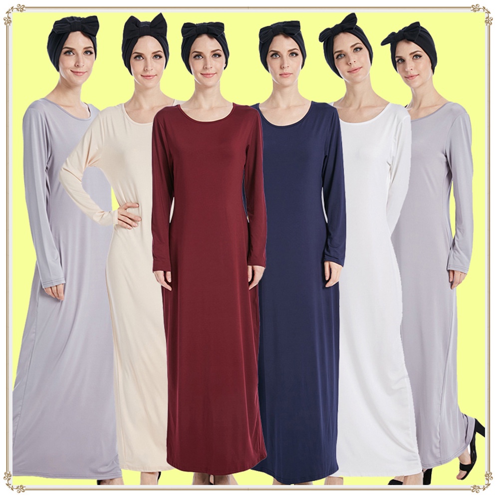 Abaya inner Muslim Maxi dress Muslimah robe women wear long sleeves ...